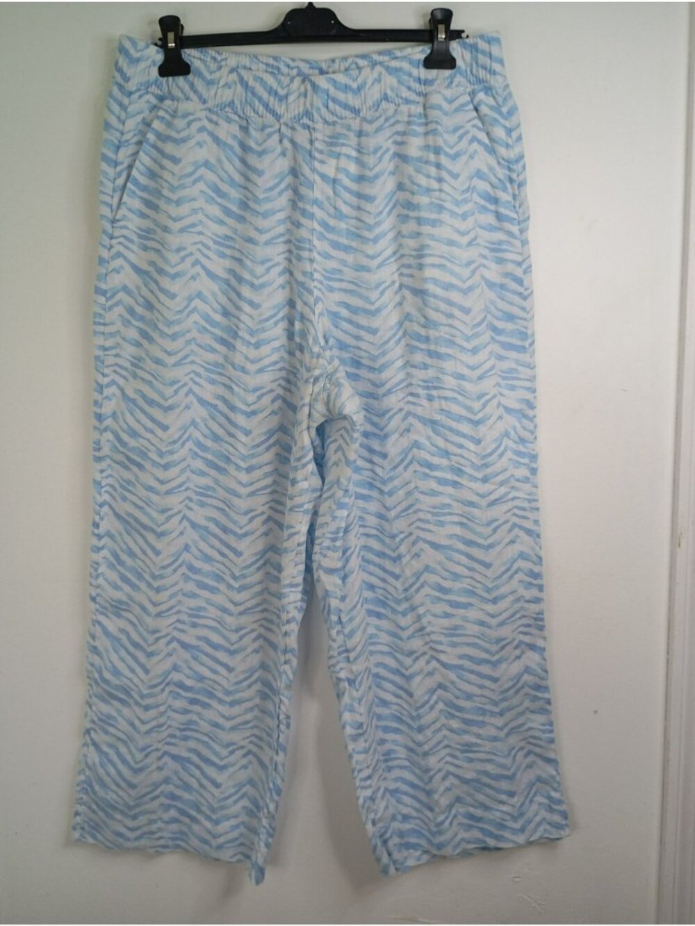 Tahari Blue White Zebra Print 100% Linen Pants XL Elastic Waistband Women